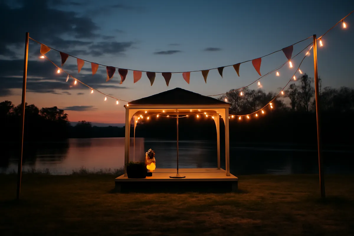 Petite scène de plein air avec guirlandes et drapeaux au crépuscule au bord d'une rivière