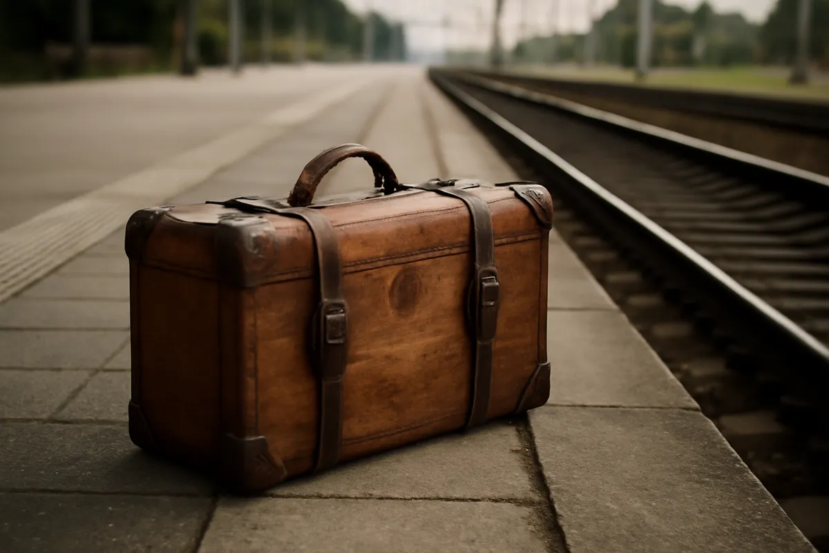 Vieille valise de bois aux sangles de cuir sur un quai de gare