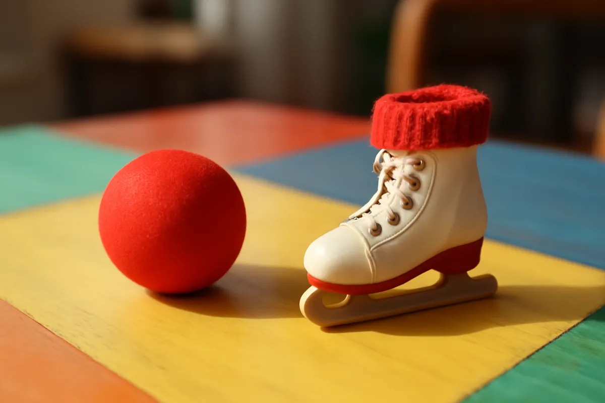 Nez de clown rouge et patin à glace jouet sur une table colorée