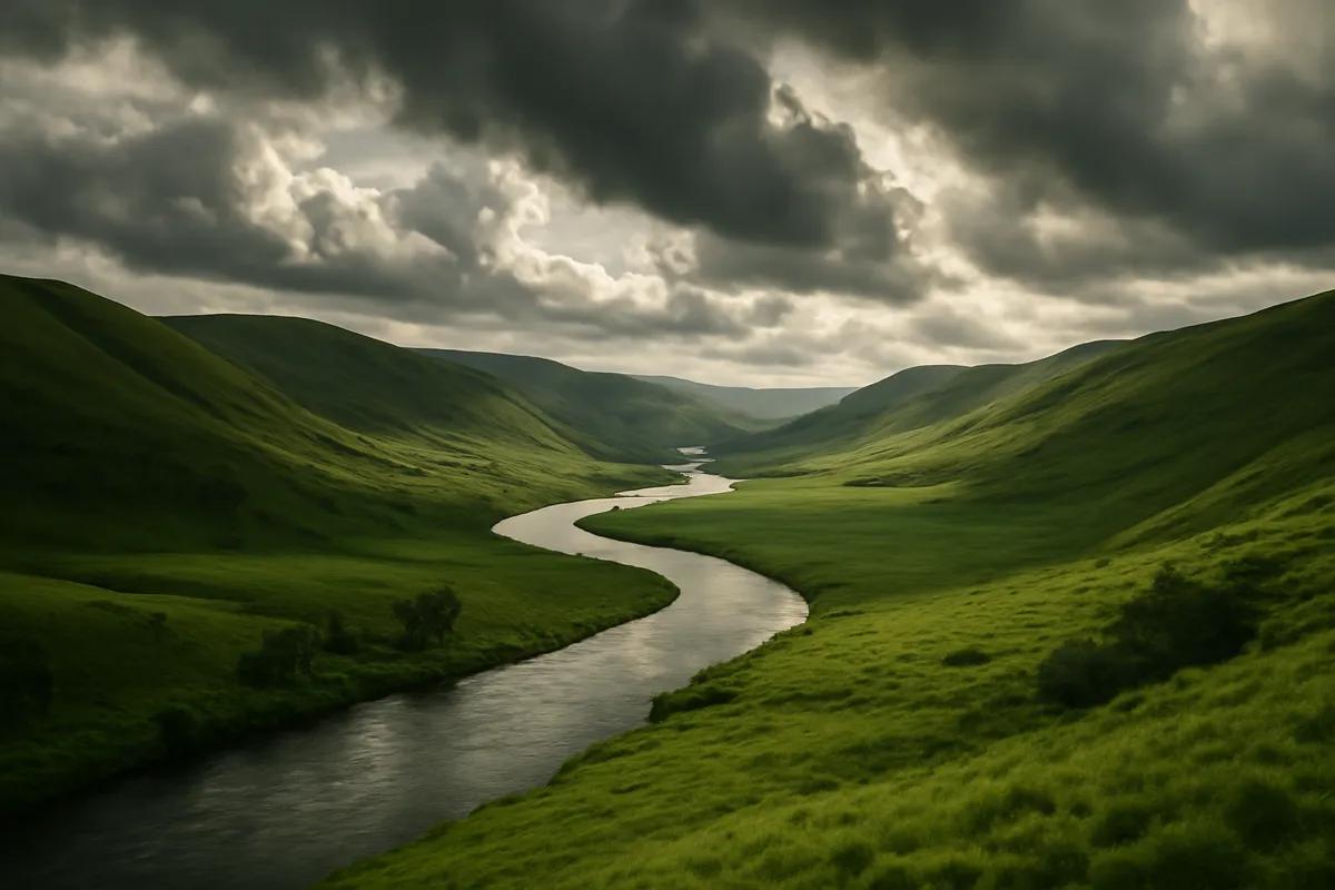 Rivière sinueuse à travers des collines vertes sous des nuages dramatiques