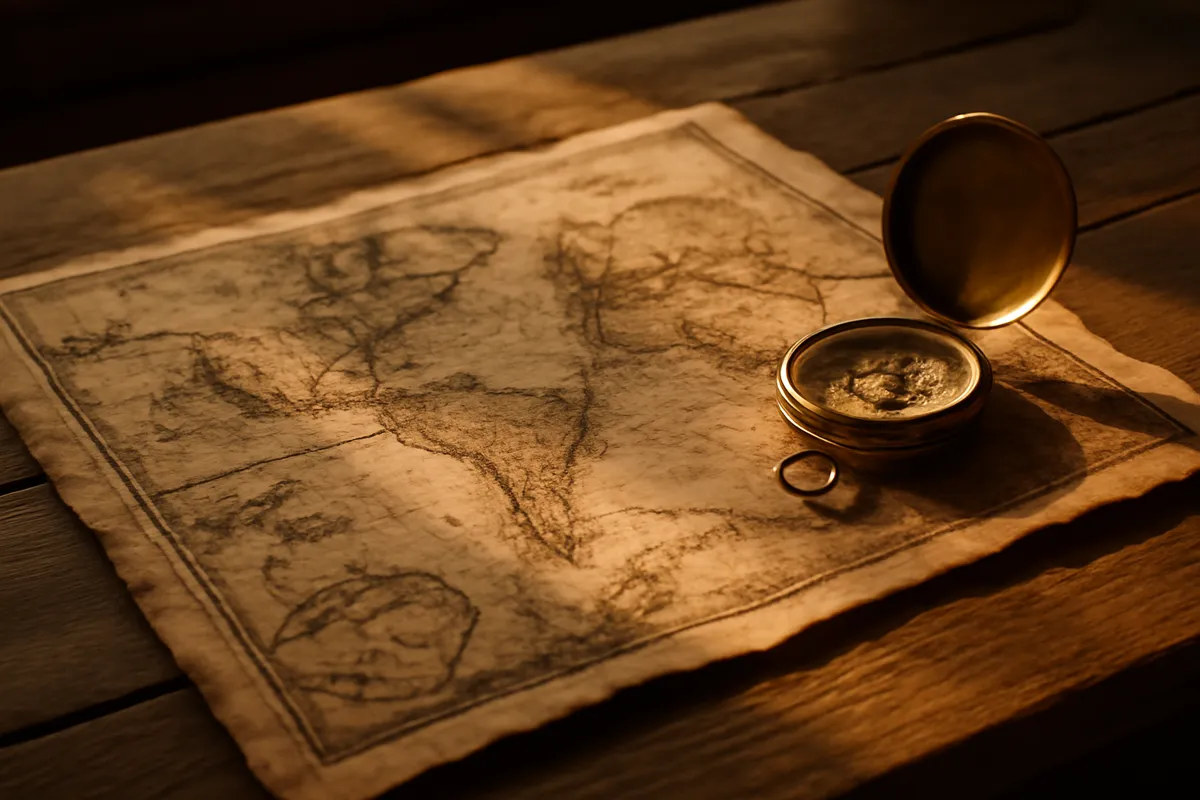 Vieille carte et compas sur une table de bois en lumière chaude