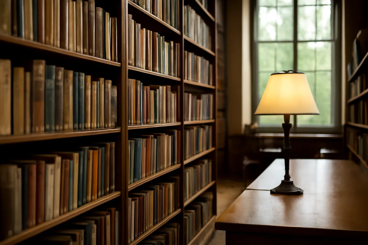 Rayonnages de livres en bois dans une bibliothèque calme avec lampe de lecture