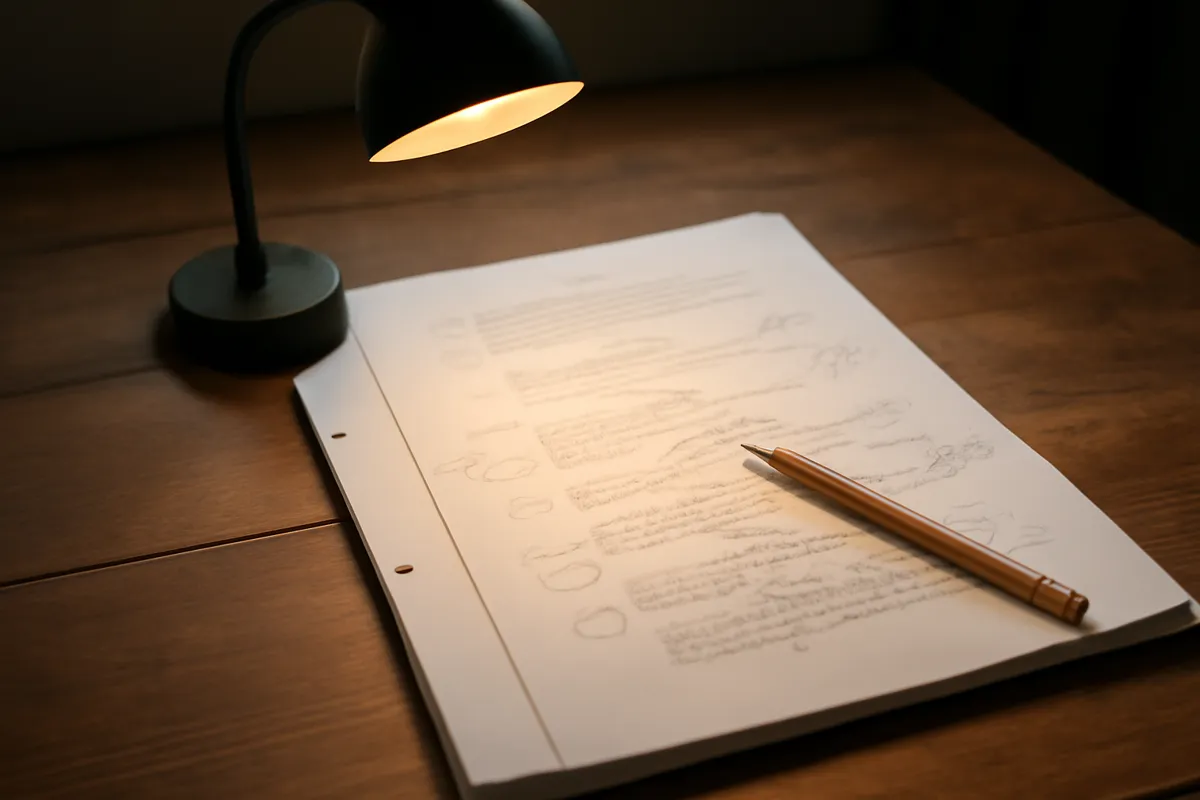 Texte de théâtre annoté au crayon et petite lampe sur un bureau de bois