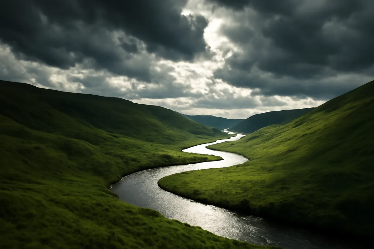 Rivière sinueuse à travers des collines vertes sous des nuages dramatiques