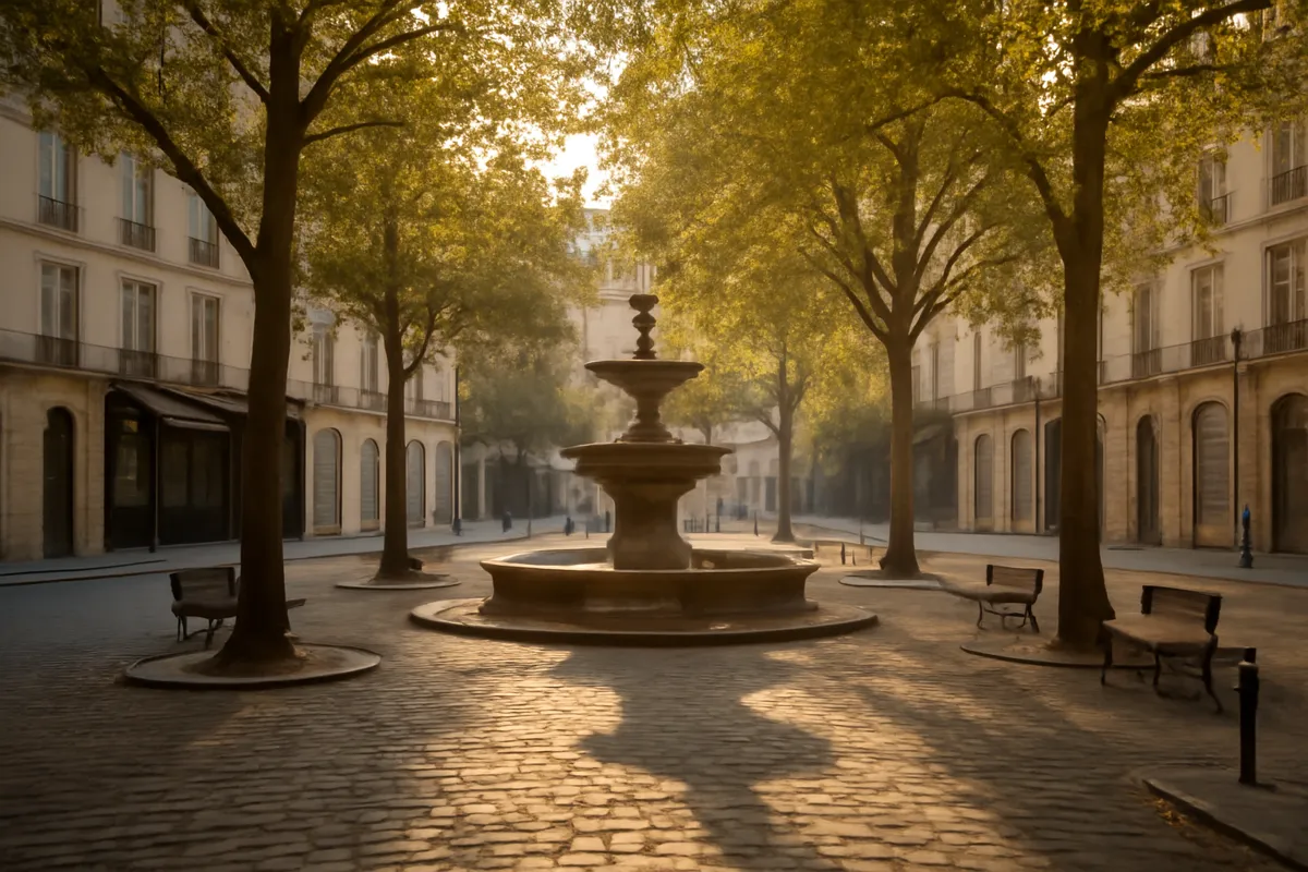 Place pavée tranquille de Paris avec fontaine et platanes dans la lumière du matin