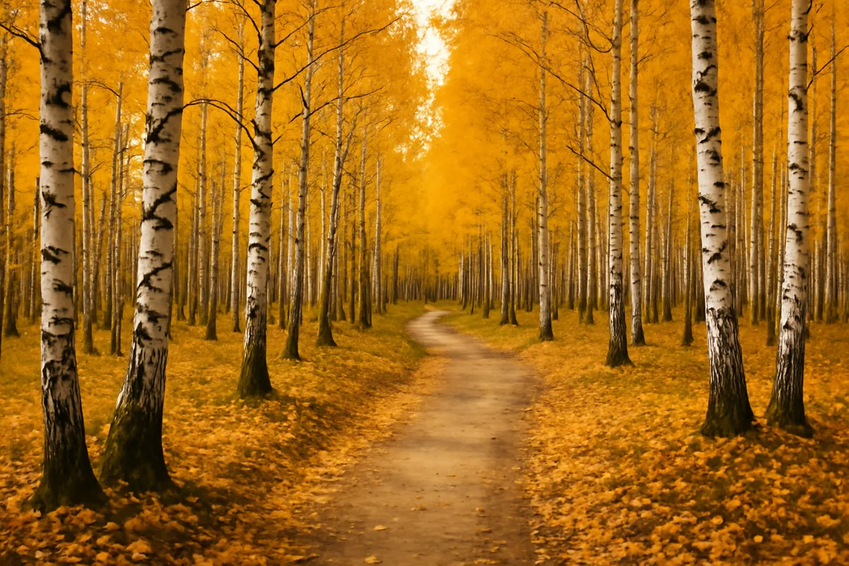 Forêt de bouleaux en automne aux feuilles dorées avec un sentier
