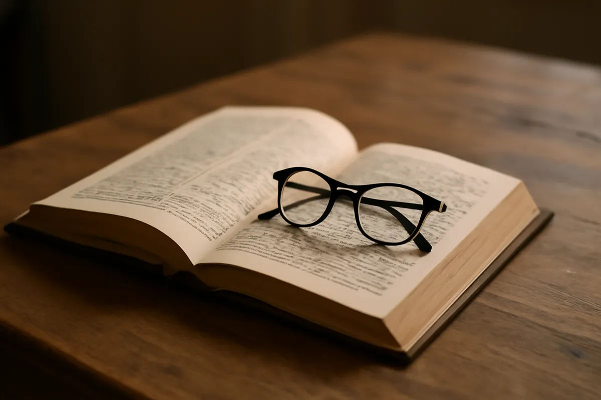 Livre ouvert aux notes manuscrites en marge et lunettes sur une table de bois