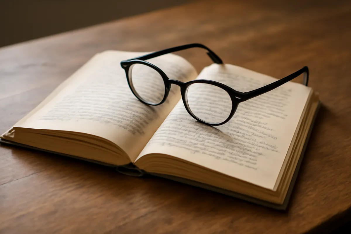 Livre ouvert aux notes manuscrites en marge et lunettes sur une table de bois