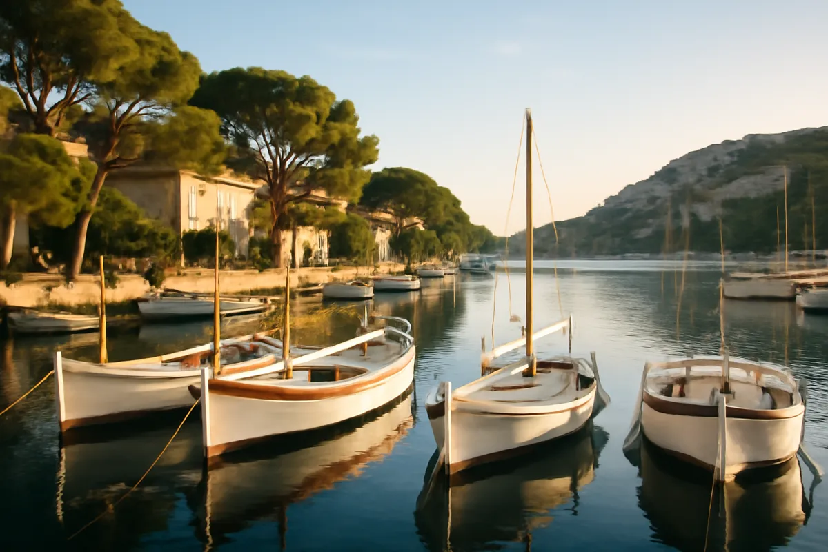 Port méditerranéen aux barques de bois et aux pins dans la lumière du matin