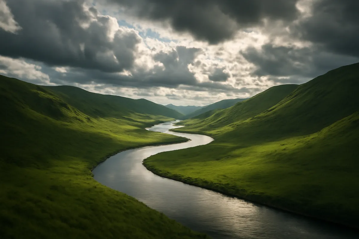 Rivière sinueuse à travers des collines vertes sous des nuages dramatiques