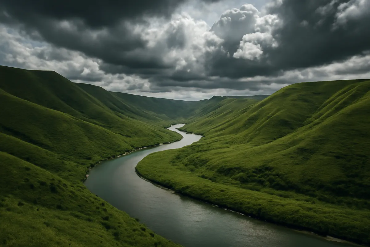 Rivière sinueuse à travers des collines vertes sous des nuages dramatiques