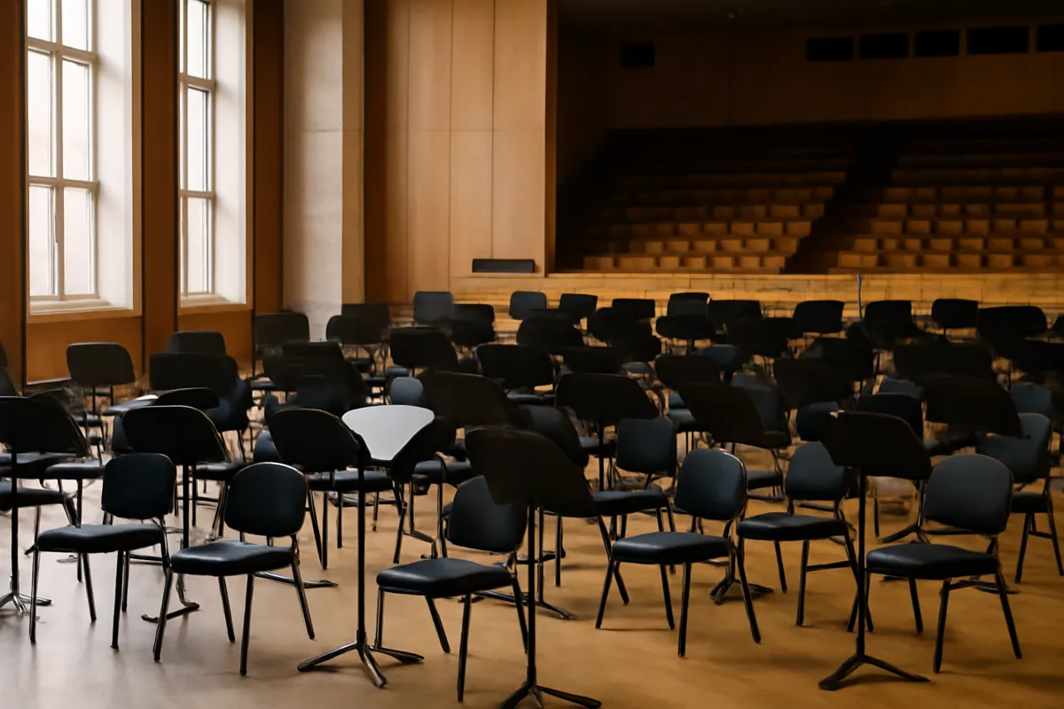 Salle de concert vide avec chaises et pupitres avant un concert