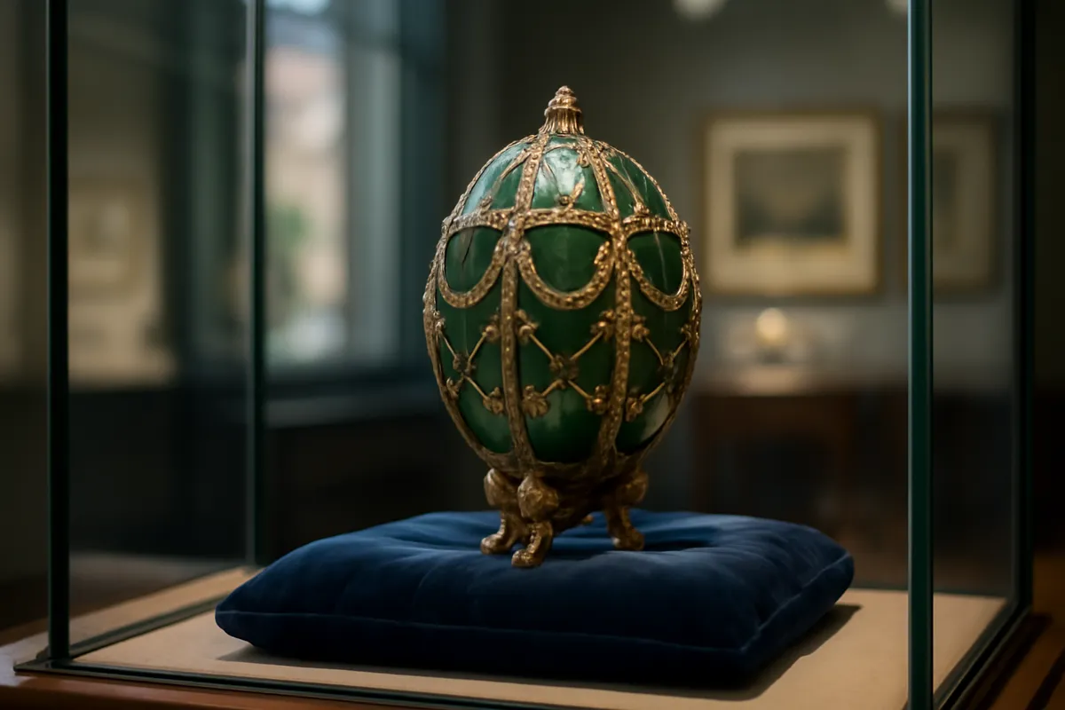 Œuf orné de pierres sur un coussin de velours dans une vitrine de musée