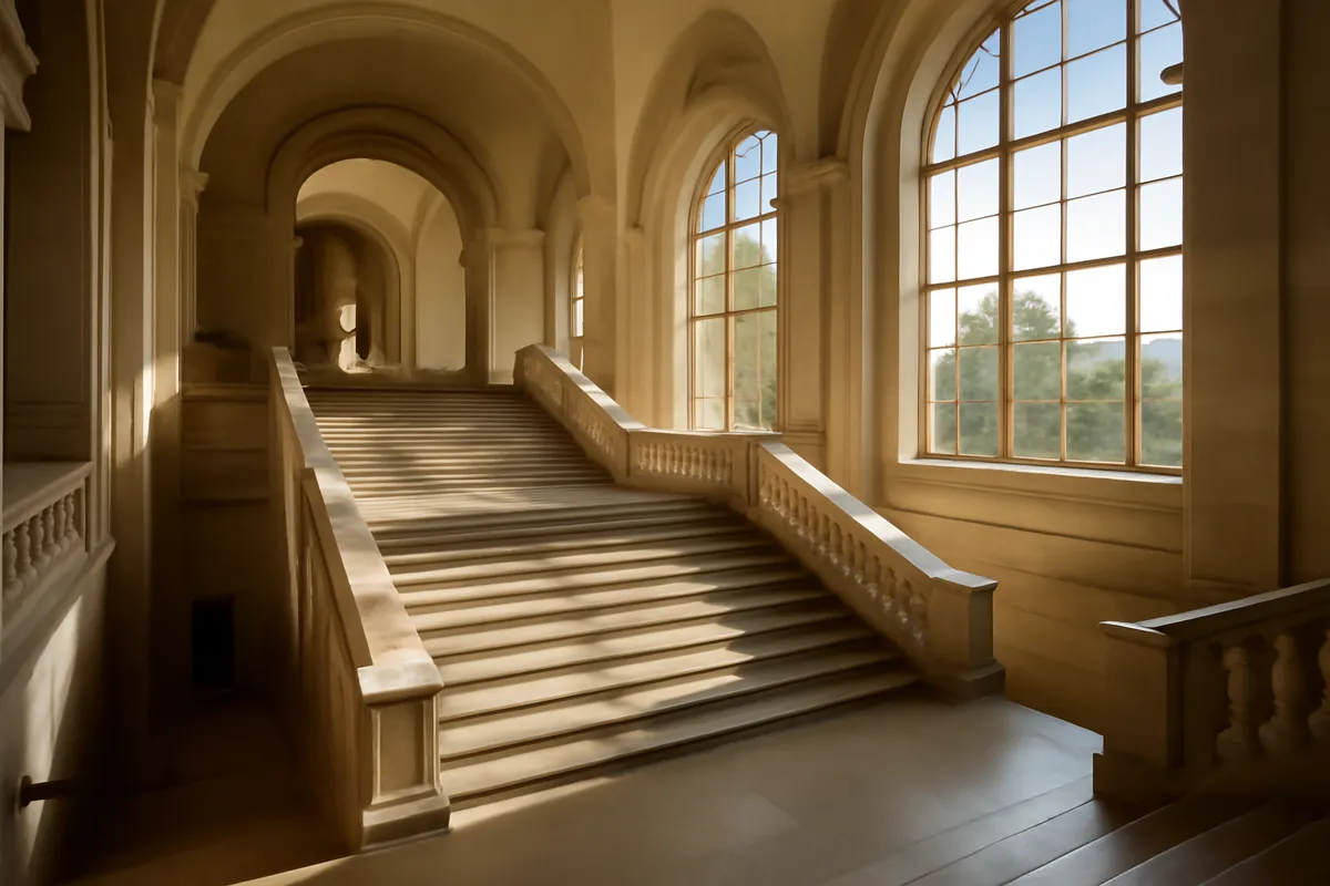 Grand escalier de musée aux larges fenêtres inondé de lumière