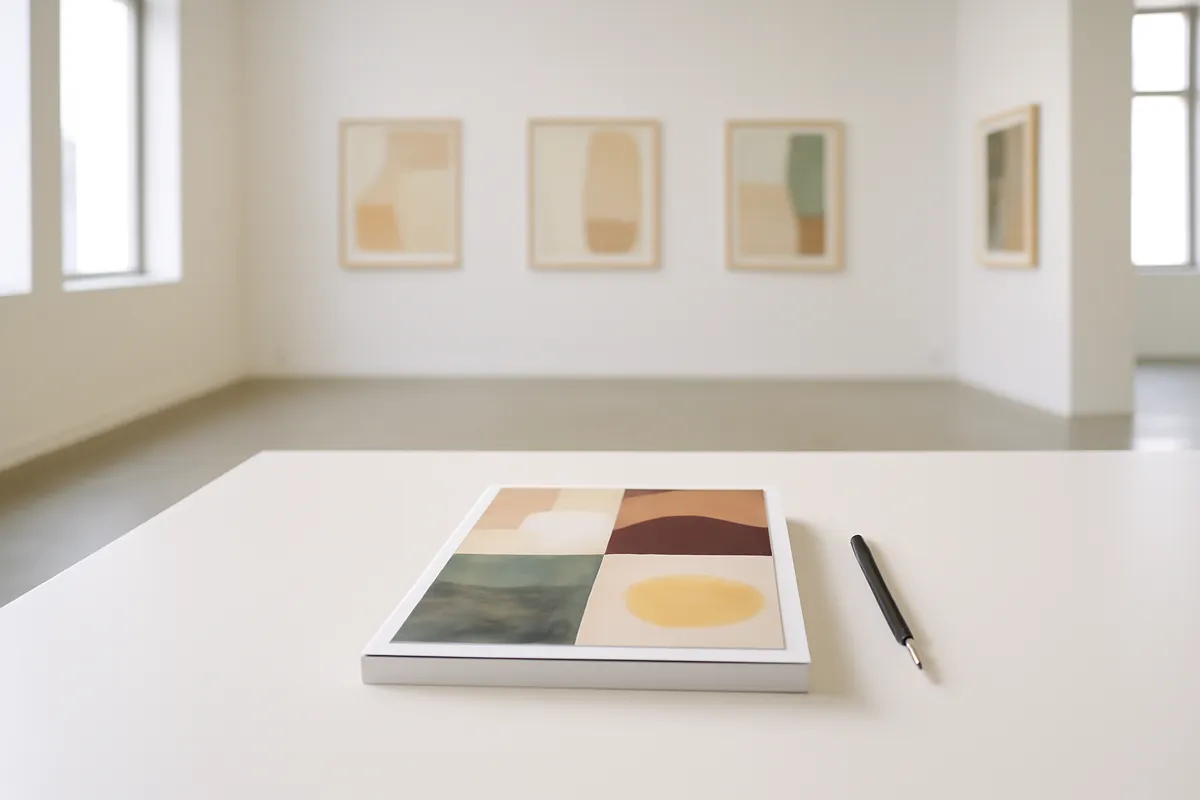 Catalogue d'exposition et stylo posés sur une table blanche dans une galerie lumineuse