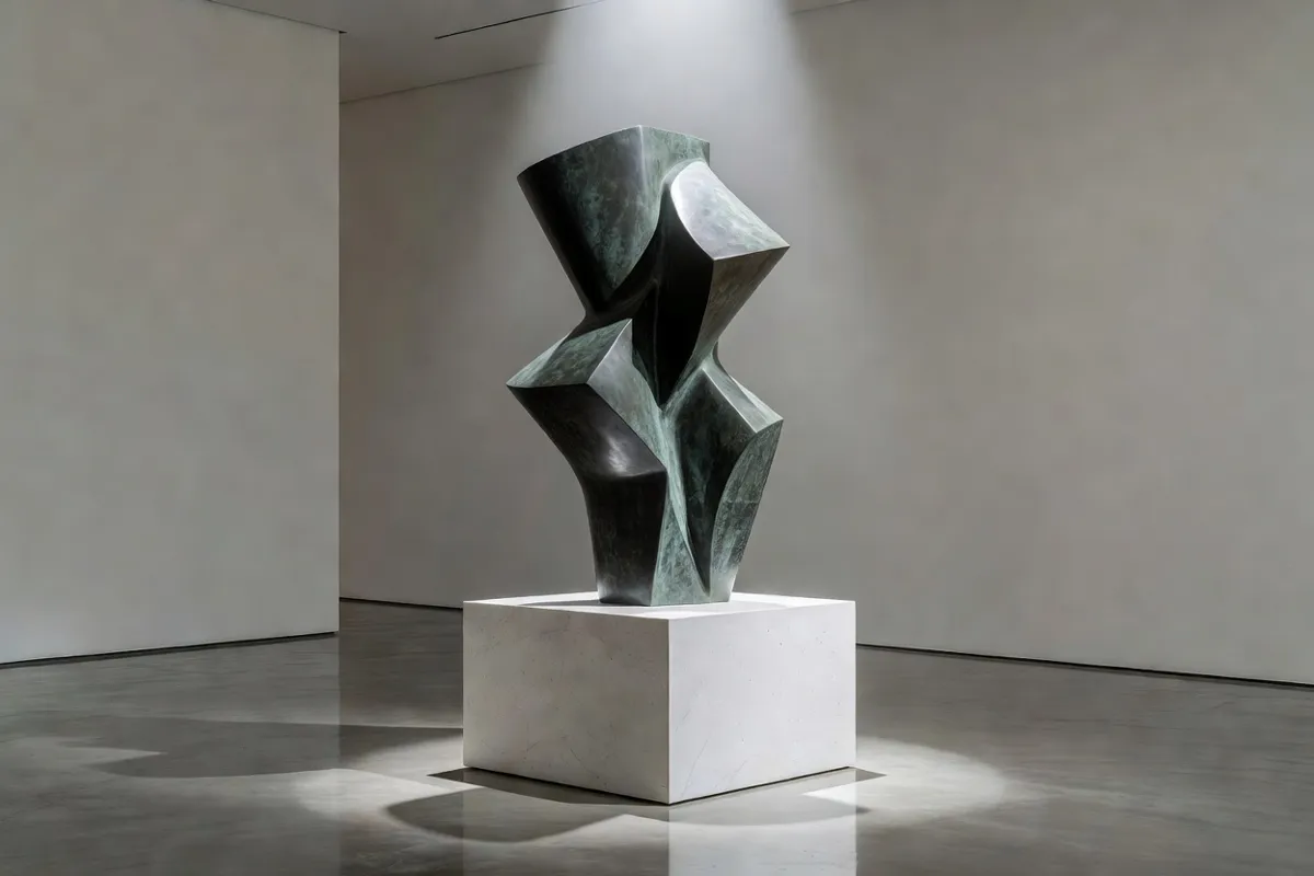 Sculpture sur socle blanc sous un projecteur dans une galerie