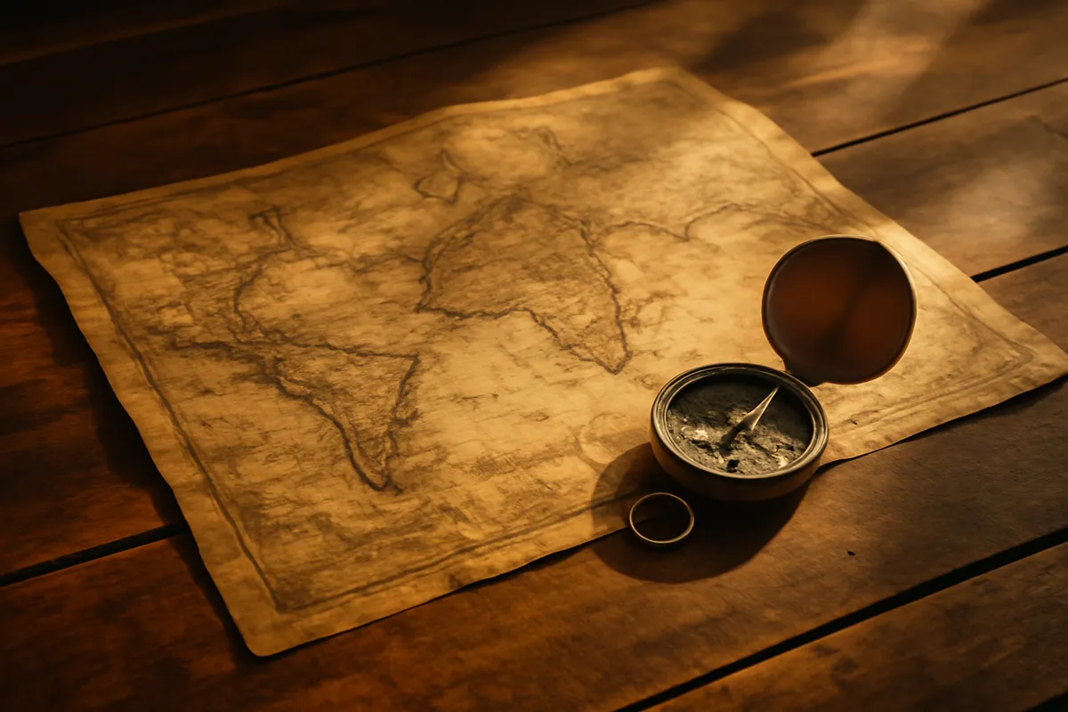 Vieille carte et compas sur une table de bois en lumière chaude