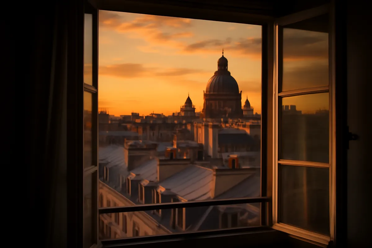 Toits de Paris et dôme d'église au coucher du soleil vus d'une haute fenêtre