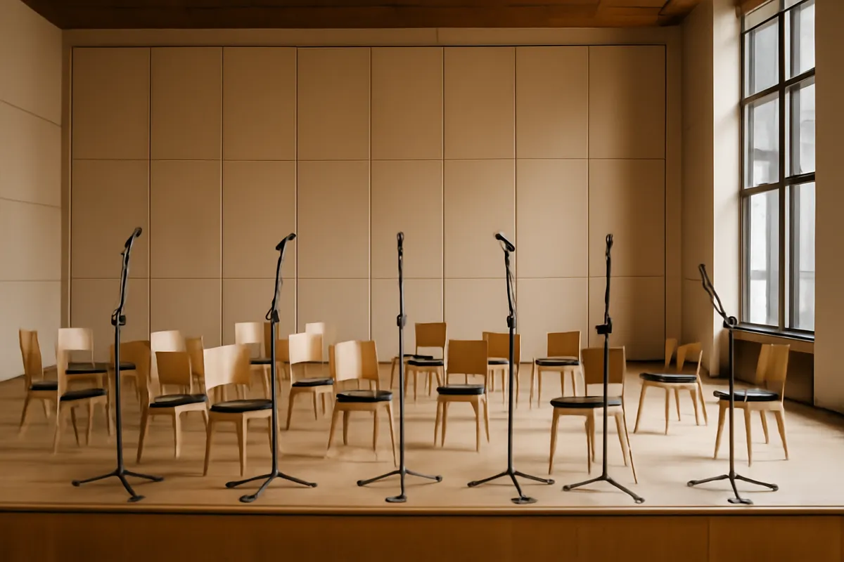 Scène de salle de concert avec micros et chaises, vide