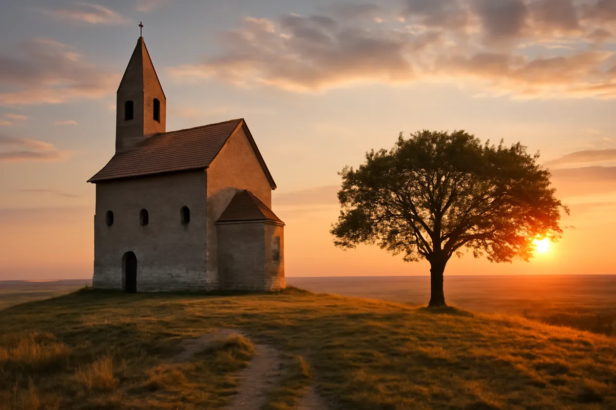 Vieille église de pierre sur une colline au coucher du soleil avec un arbre isolé