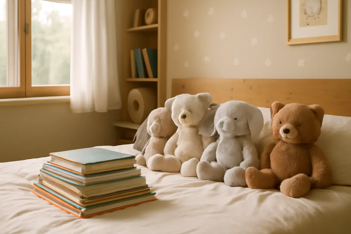 Chambre cosy avec livres et peluches sur un lit