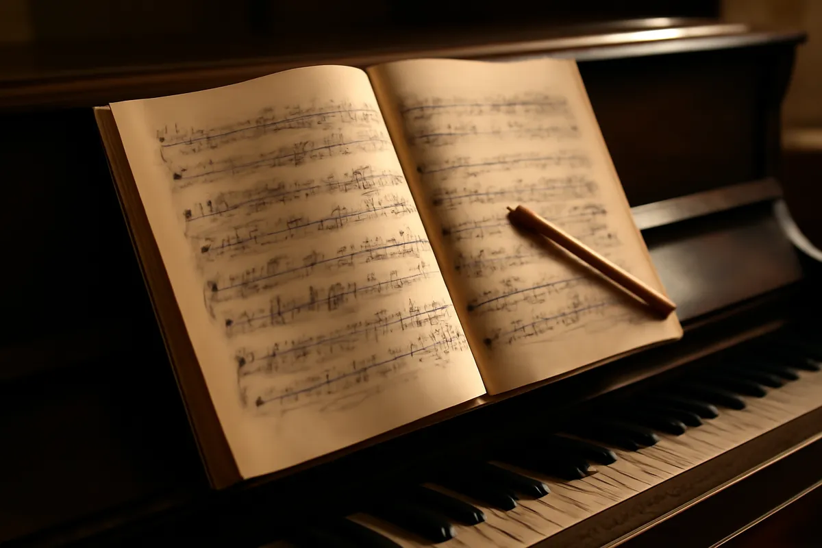 Partition annotée au crayon ouverte sur le pupitre d'un piano
