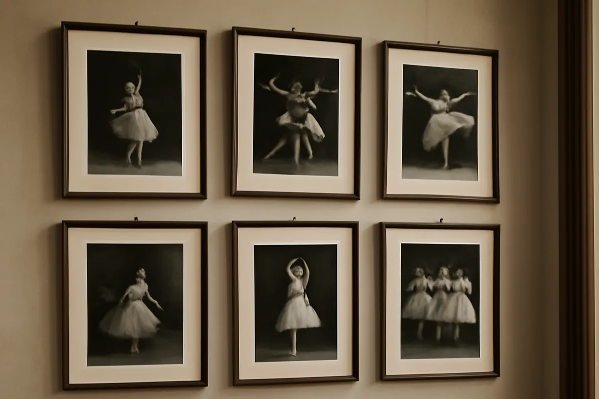 Photographies anciennes de ballet encadrées sur le mur d'une bibliothèque-musée d'opéra