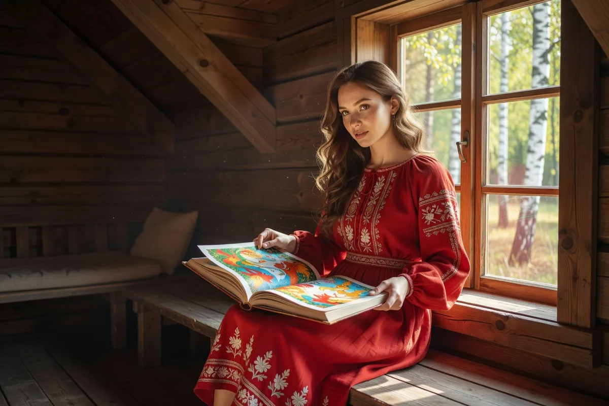 Jeune femme en robe rouge brodée feuilletant un grand livre de contes illustré, assise près d'une fenêtre