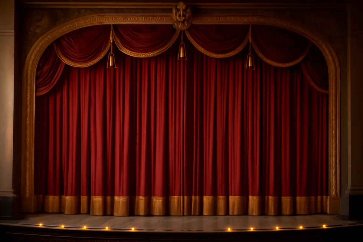 Rideau de théâtre orné de glands dorés et rampe de lumière sur une scène vide