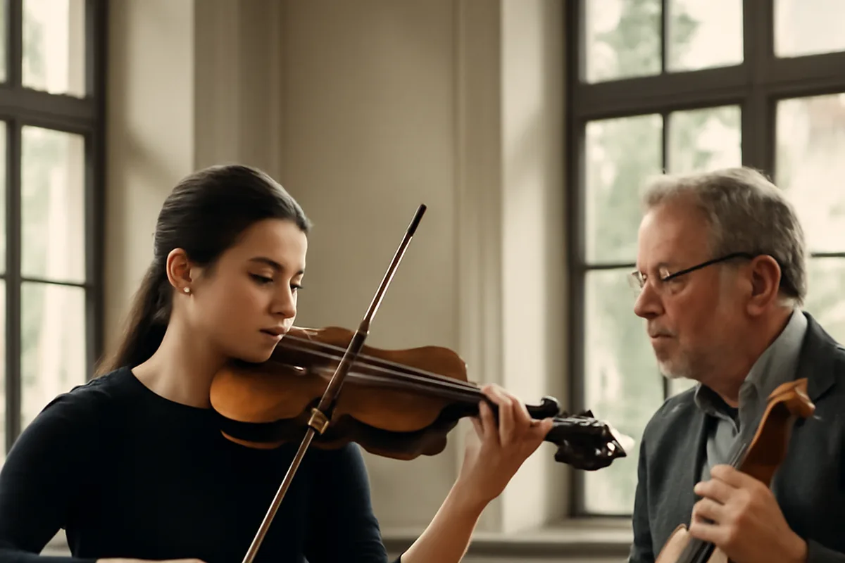 Jeune violoniste russe en cours particulier avec professeur dans une salle de conservatoire