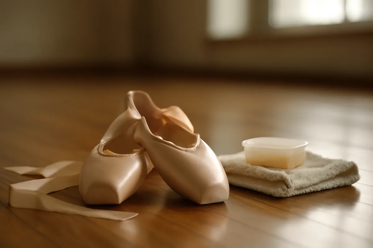 Chaussons de pointe en satin rose et rubans posés sur le parquet ciré d'un studio de danse