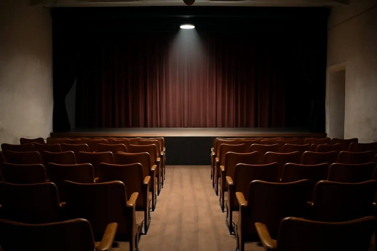 Petit théâtre vide aux sièges de bois et à la scène nue sous un projecteur