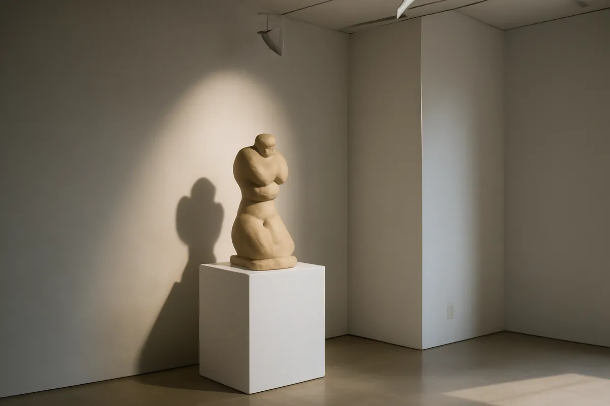 Sculpture sur socle blanc sous un projecteur dans une galerie