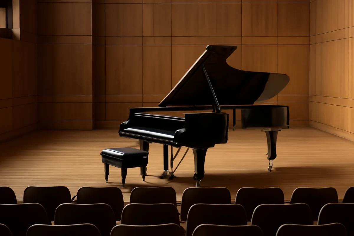 Piano à queue ouvert dans une salle de concert vide aux murs de bois