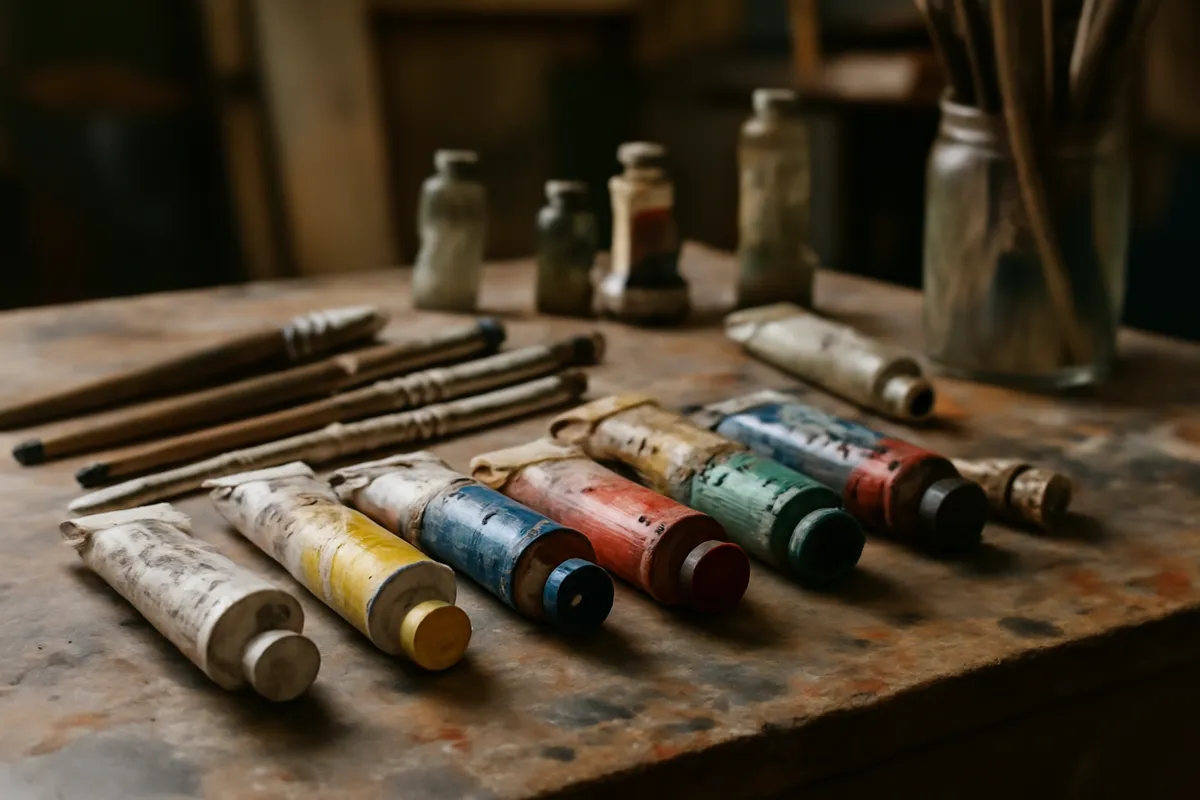 Tubes de peinture à l'huile et pinceaux posés sur la table d'un atelier