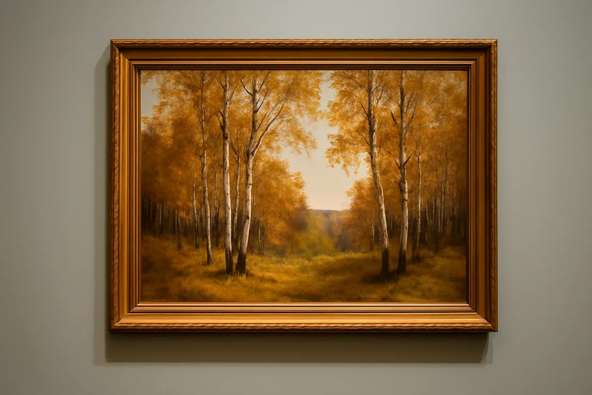 Paysage réaliste encadré de bouleaux d'automne accroché à un mur de musée