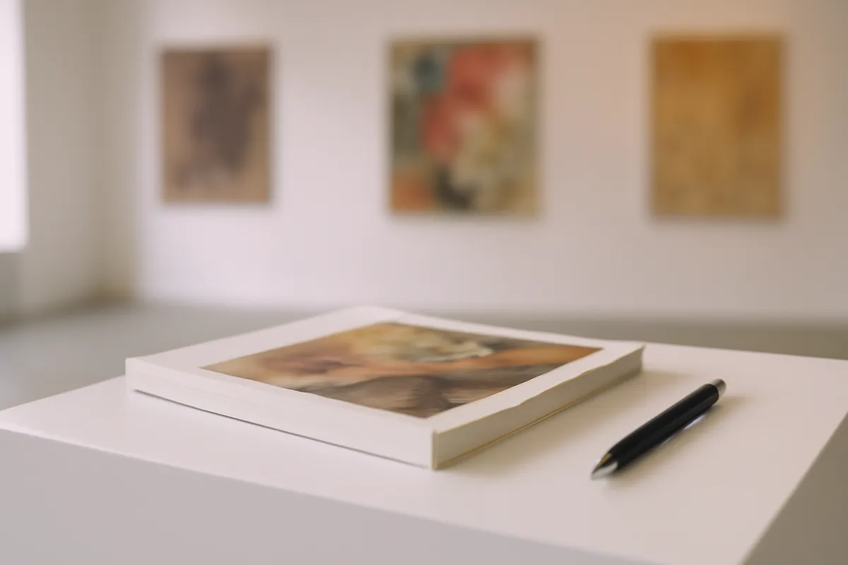 Catalogue d'exposition et stylo sur une table blanche dans une galerie