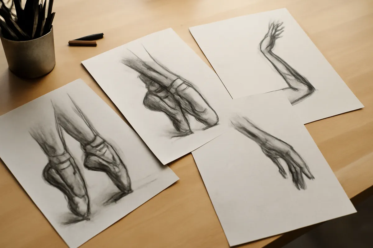 Croquis au fusain de pieds en chaussons de pointe et de bras de danseuses sur une table d'atelier