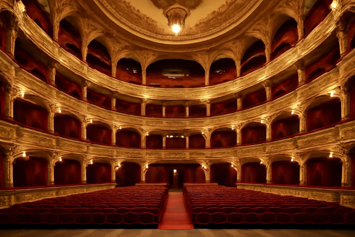 Salle de théâtre rouge et or vue depuis la scène, vide