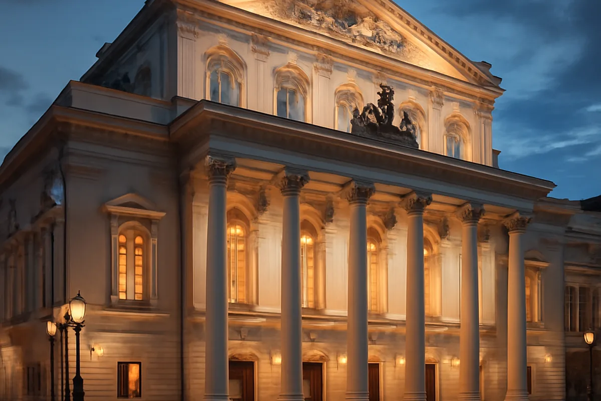 Façade illuminée d'un théâtre moscovite le soir avec fenêtres éclairées