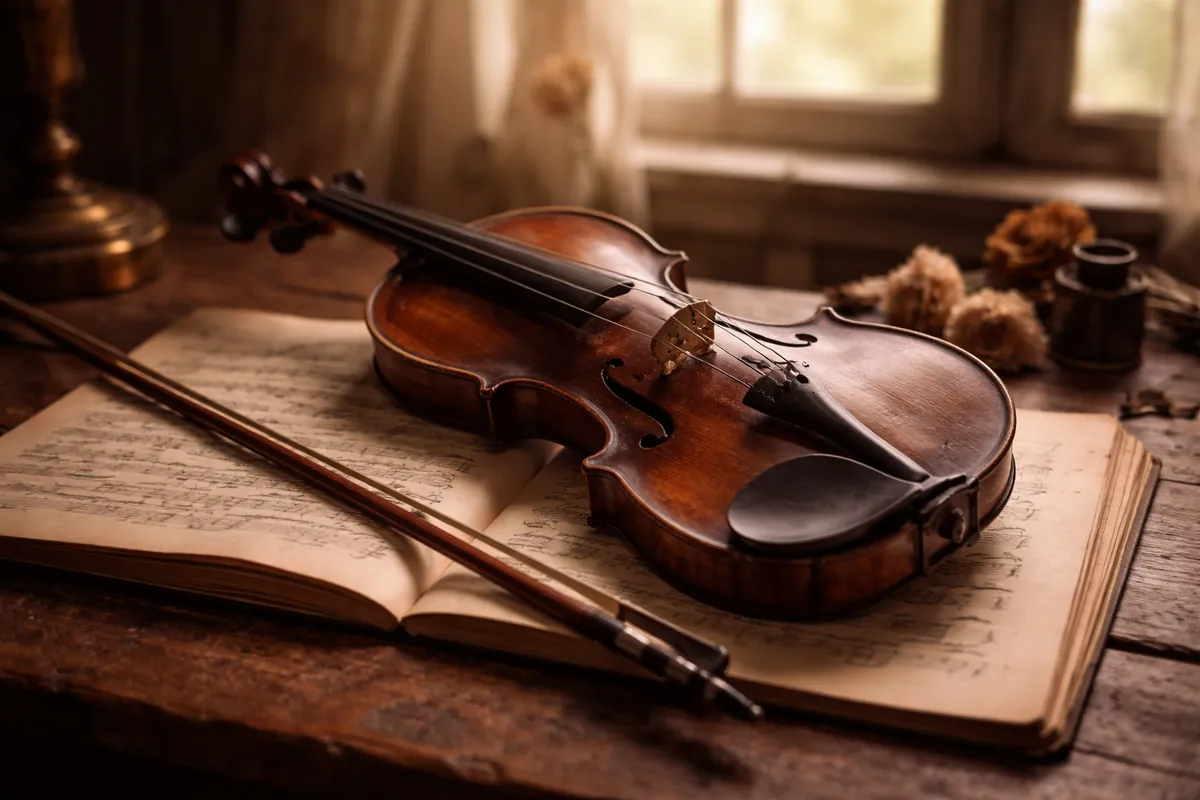 Violon ancien posé sur une partition ouverte devant une fenêtre à la lumière douce