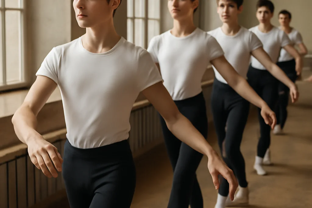 Jeunes danseurs masculins russes au travail à la barre dans un studio de classe au sol en parquet patiné