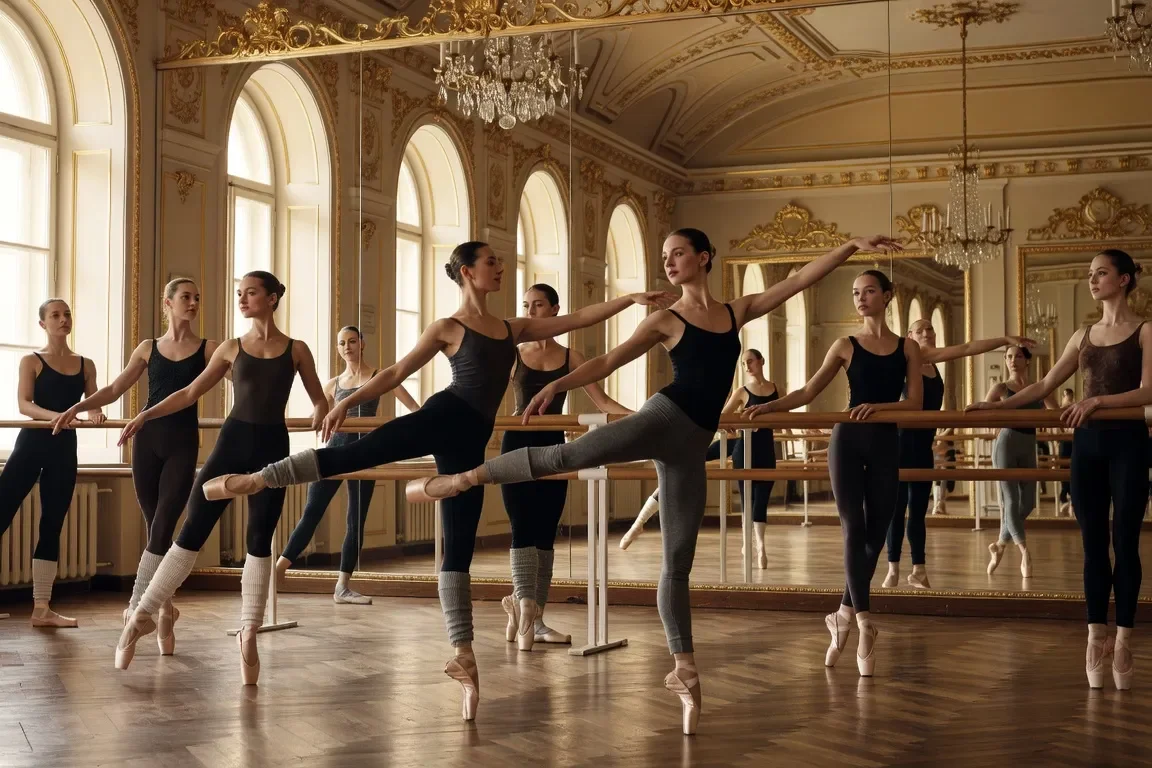 Pointes de ballet alignées sur le plancher d'un studio russe