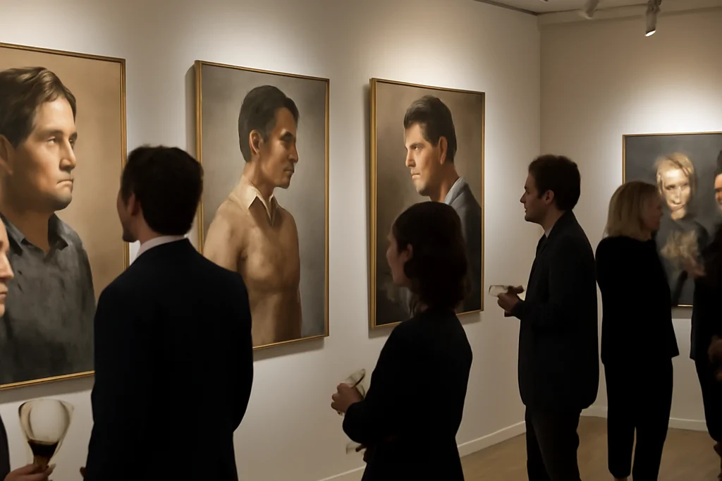Galerie d'art contemporain lors d'un vernissage, toiles figuratives accrochées sur des murs blancs, visiteurs en contemplation