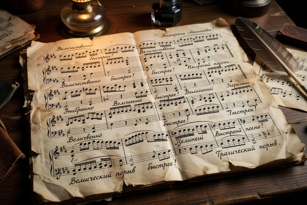Partition musicale manuscrite avec annotations, baguette de chef d'orchestre