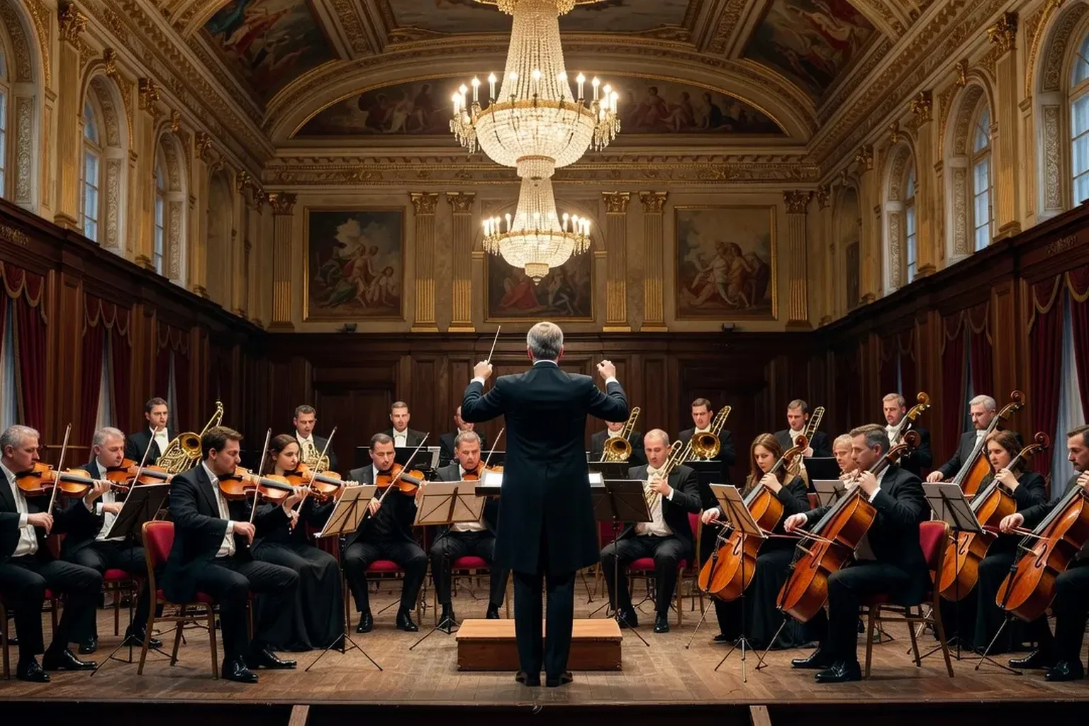 Orchestre symphonique en répétition, violons et cuivres, chef d'orchestre de dos