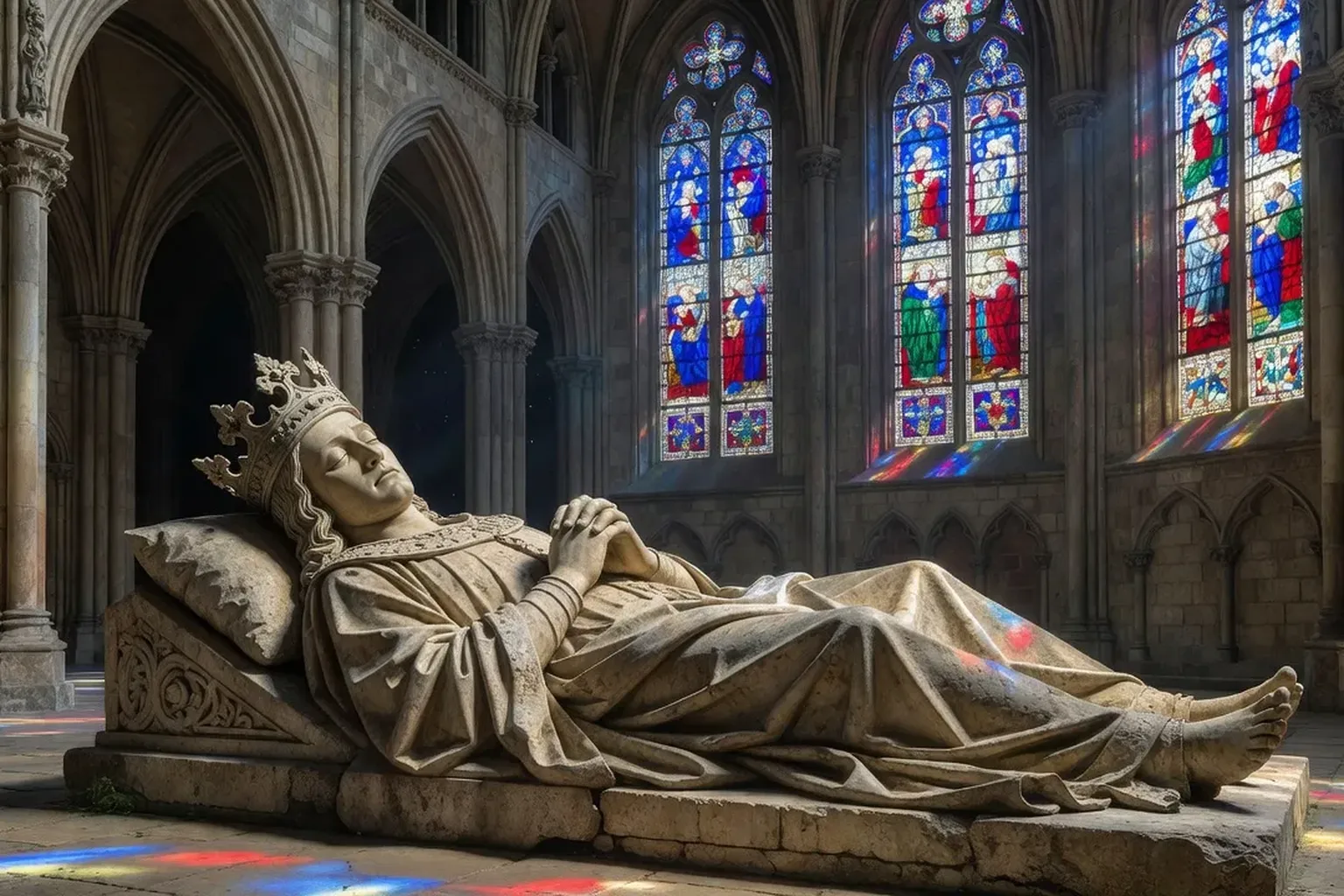 Gisant médiéval d'un roi exilé dans une basilique gothique française, sculpture funéraire dorée