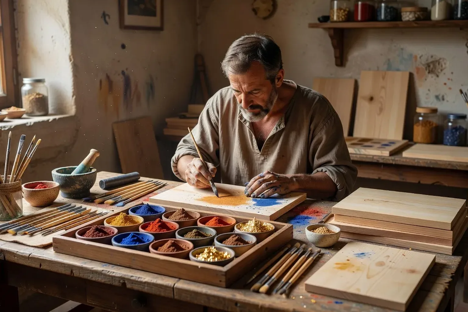 Atelier de peinture d'icônes traditionnel, pigments naturels, pinceaux fins, artisan au travail