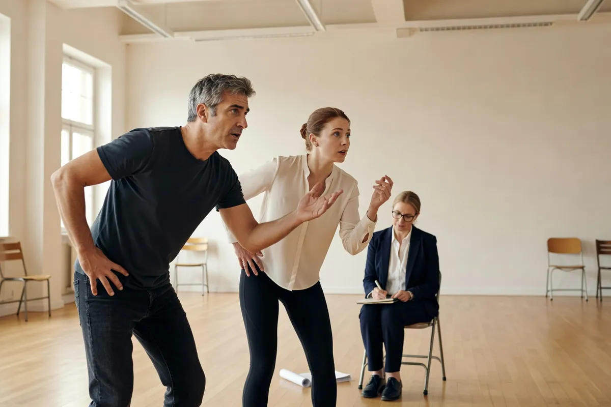 Comédiens en répétition dans une salle claire avec un metteur en scène prenant des notes