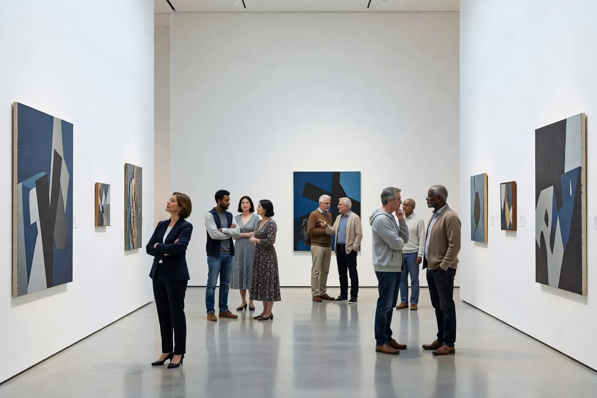 Visiteurs dans un hall de musée moderne regardant des œuvres sur des murs blancs